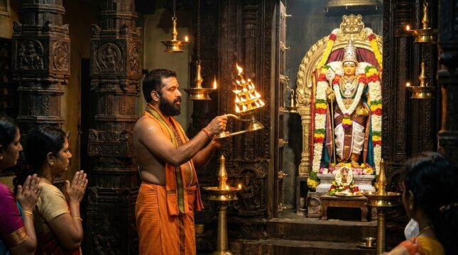 Hindu priest performing aarti ritual in a traditional temple