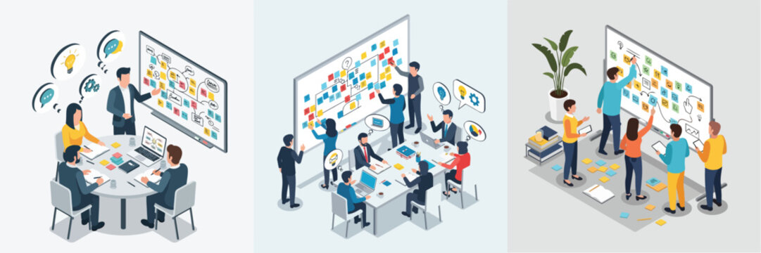 Isometric illustration of a brainstorming session with sticky notes and a whiteboard, flat vector style, minimal, white background, no outlines