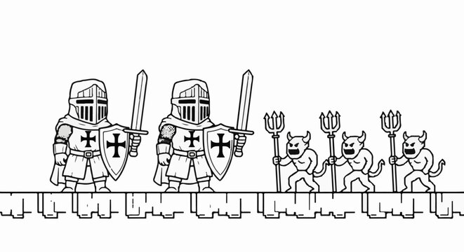 Two knights with swords and shields face a line of small devils with tridents