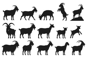 Fototapeta premium Silhouettes of various goat breeds in different poses and styles.