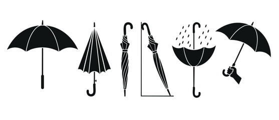 Umbrella icons set, black silhouettes collection for weather design, open and closed parasol shapes with rain drops, isolated vector illustrations for web and mobile interface, simple rainy season gra © Fernando