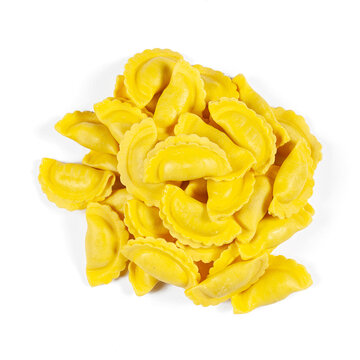 Fresh handmade agnolotti del plin pasta on white, Italian handmade pasta