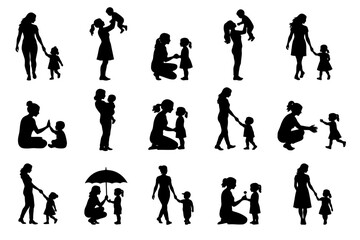 Fototapeta premium Silhouette of caucasian female figures interacting with children in various poses.