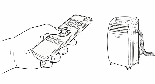 Hand holding remote control operating portable air conditioner