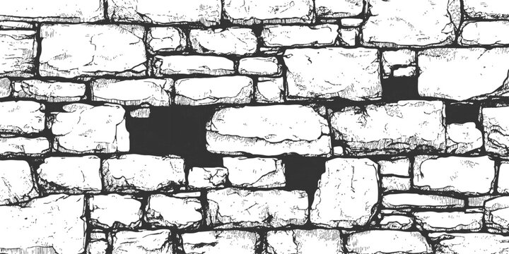 Hand drawn sketch of rustic masonry stone wall texture architecture background black and white vector illustration.