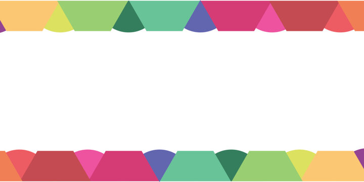 Colorful abstract geometric shapes border on top and bottom with large white copy space clean modern vector background design.