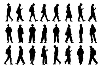 Fototapeta premium Silhouettes of diverse adults walking and using phones.