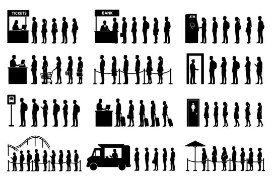 Siluetas de personas en filas: banco, boletos, cajero autom&aacute;tico, transporte, atracci&oacute;n, comida.
