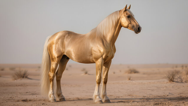 Golden Akhal Teke horse standing in desert luxury rare breed equine concept