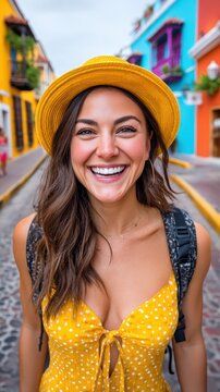 Young woman with a wide smile and yellow hat stands on a cobblestone street in Cartagena. Brightly colored buildings line the lively street, capturing a happy moment of travel