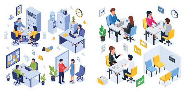 Modern isometric vector collection of business concepts job interviews, team collaboration, office meetings, and employee recruitment, ideal for corporate and HR designs