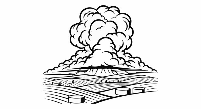 A stylized drawing depicts a mushroom cloud billowing from a central point over a farm field