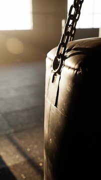 Close-up of leather boxing bag with chains in moody light
