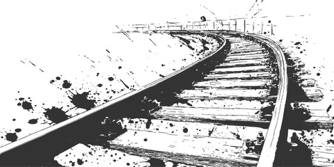 Obraz premium Hand drawn grunge ink sketch of curved railway train tracks perspective view background vector illustration.