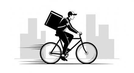 Obraz premium Courier Riding Bicycle with Delivery Backpack in Urban Environment.