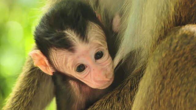 Authentic wildlife moment showing infant macaque feeding and bonding in nature