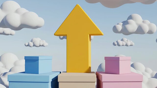 A vibrant, stylized image depicts a yellow arrow pointing upwards, resting atop three colorful boxes amidst a fluffy cloudscape, symbolizing progress and growth.