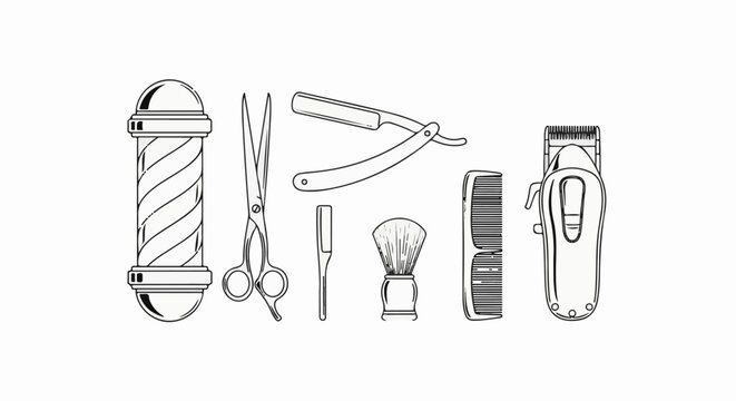 Collection of barber tools including a pole, scissors, razor, brush, comb, and clipper