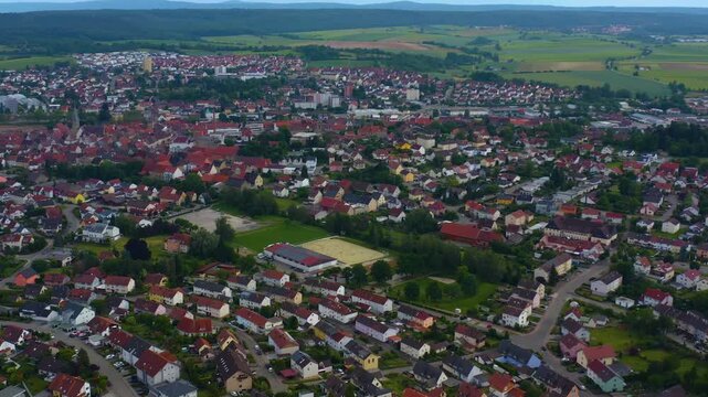 Aerial view of old town of the city Eppingen in Germany on cloudy day in Spring. 