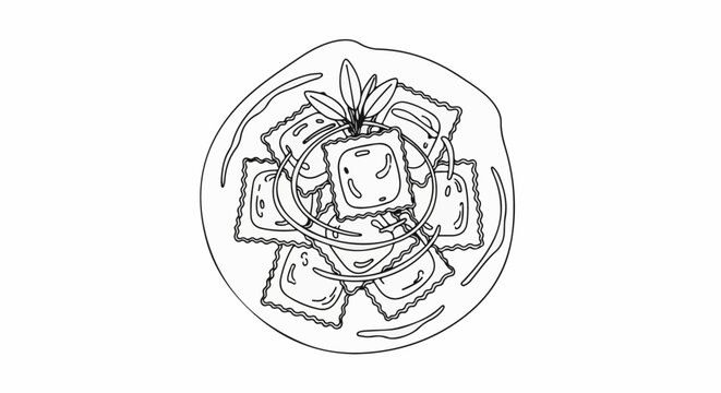 A sketch of ravioli on a plate with herbs and sauce