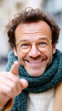Engaging man with curly brown hair, glasses, and a green knitted scarf smiles warmly, pointing his index finger forward. He stands outdoors on a bright urban street during cooler weather