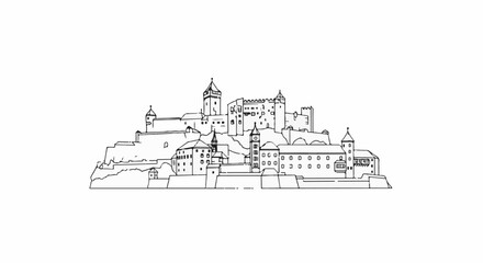 Fototapeta premium Ornate castle complex with multiple towers and buildings on a hilltop