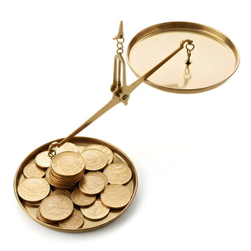A scale with coins on one side and no coins on the other isolated on white background