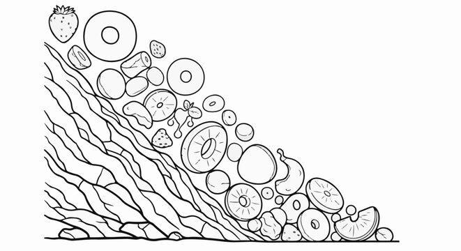 A whimsical cascade of assorted fruits tumbling down a textured incline