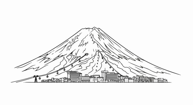 Stylized mountain landscape with ski lifts and a town