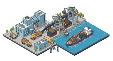 Obraz premium Isometric Cityscape with Port and Industrial Area.