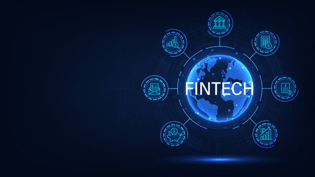 Fintech. Financial technology and business world-class concept. 3D global with a Fintech word. Digital finance in the online world consists of various kinds of currencies. Vector illustration.