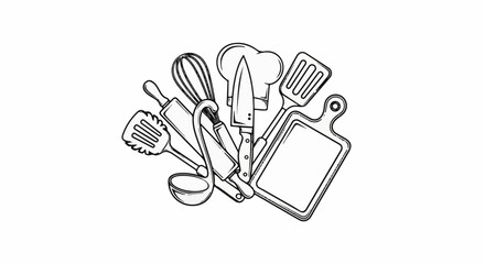 Fototapeta premium Assortment of cooking utensils including a chef's hat, knife, rolling pin, and cutting board