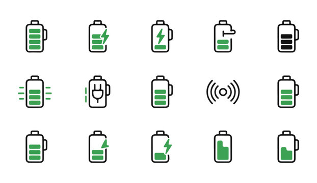 Green battery charging icons with energy level indicators and wireless power symbols set in vector.