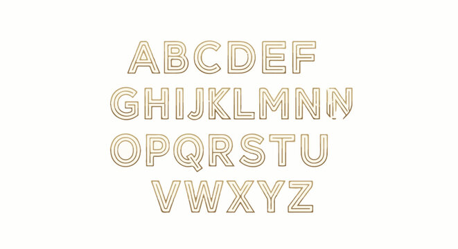 Golden alphabet set in a distinct, outlined font on white background