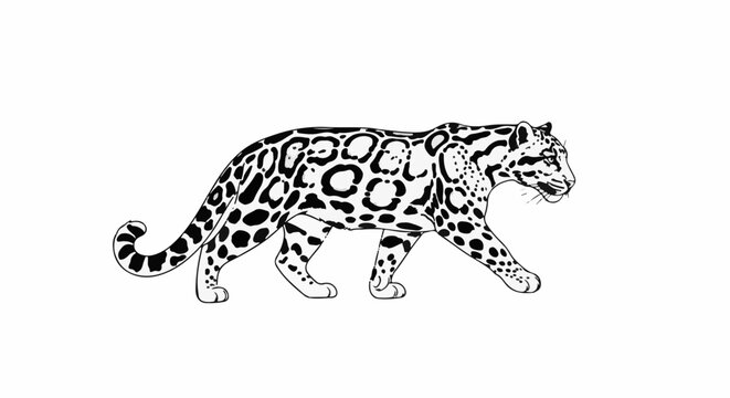 Black and white illustration of a clouded leopard walking gracefully