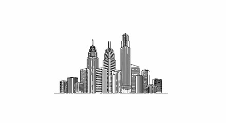 Obraz premium Stylized black and white drawing of a bustling city skyline with diverse skyscrapers