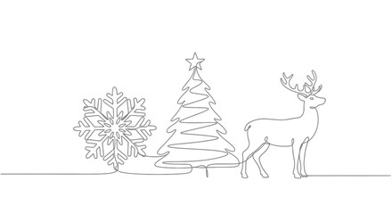 Naklejka premium Elegant continuous line art celebrating Christmas with a detailed snowflake, a festive tree, and a majestic reindeer, perfect for holiday designs