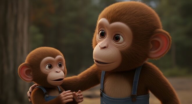 Heartwarming scene of two adorable cartoon monkeys, an adult comforting a younger one with a gentle embrace, in a lush outdoor setting, symbolizing care and companionship