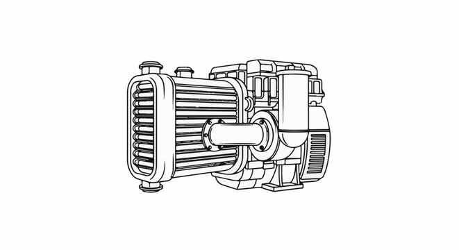 Detailed line drawing of industrial pump assembly with connected radiator