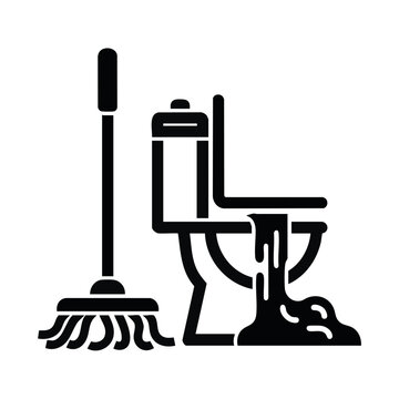 Broken overflowing toilet with mop silhouette. Plumbing leak and cleaning chore concept. Flat design vector illustration