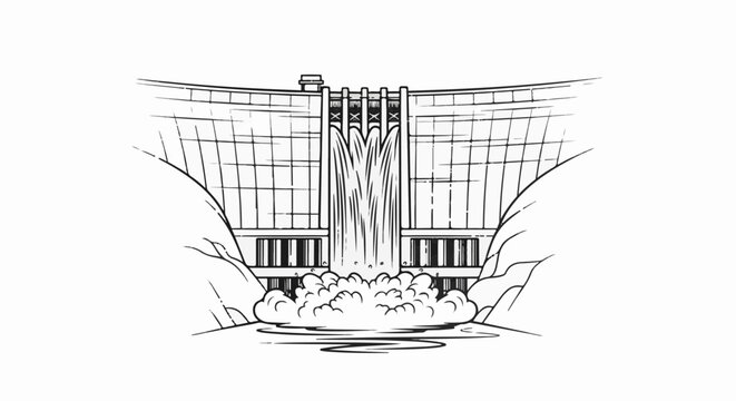 Massive curved dam releases torrents of water into a frothy pool below