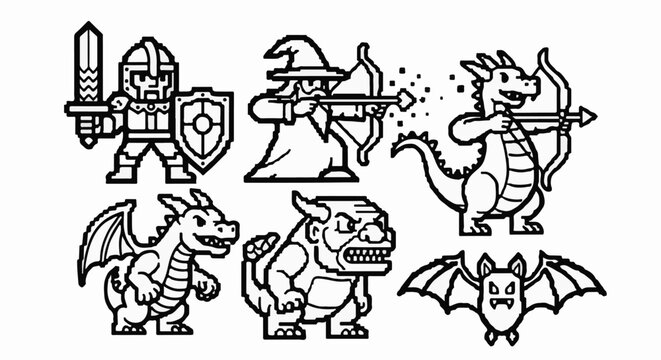 Pixelated fantasy characters knight, wizard, archer dragon, baby dragon, cyclops, bat