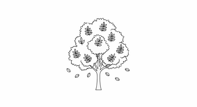 A simple, outlined tree with compound leaves and falling leaves