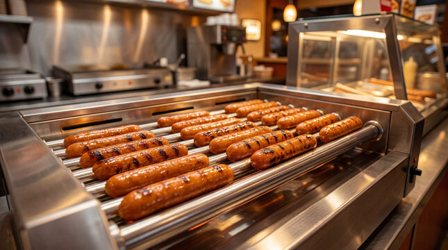 Grilled hot dog sausages rotating on a commercial stainless steel roller grill machine in a convenience store fast food counter setting