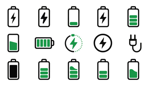Battery charging status indicator icons collection. power level signs. energy symbol set.