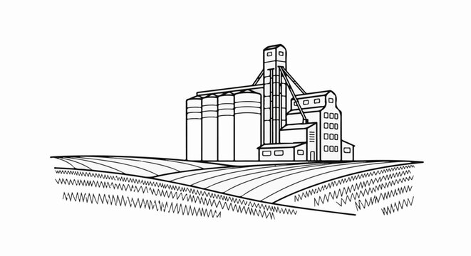 Outline of a grain elevator complex with silos and surrounding cultivated fields