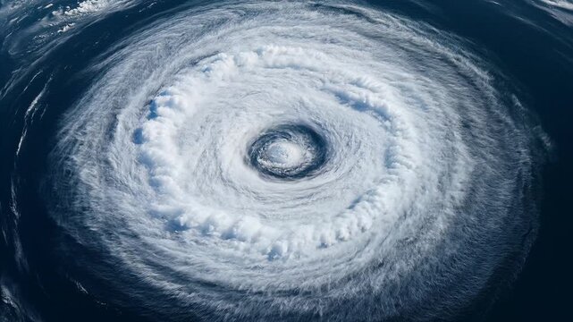 Aerial view of a powerful tropical cyclone rotating over the dark ocean