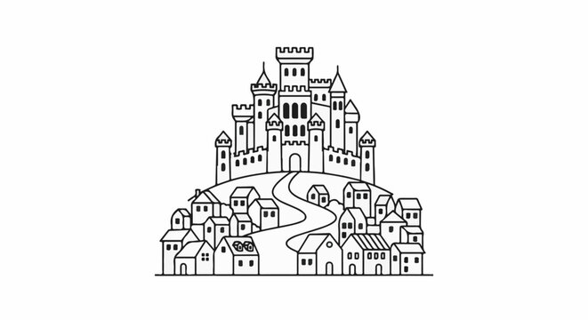 Whimsical drawing of a village leading to a grand castle on a hill