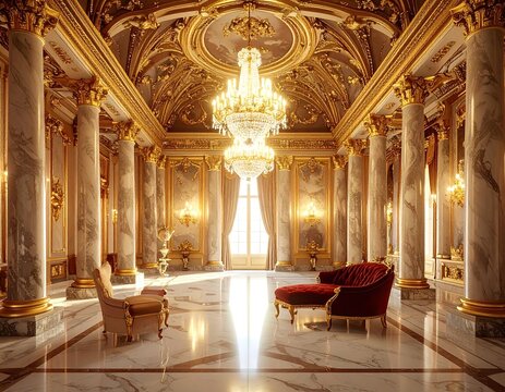 Luxurious palace hall interior with golden details and crystal chandelier.