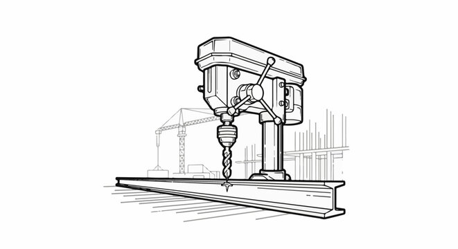 Detailed line drawing of a drill press creating a hole in a metal beam, with construction equipment in background